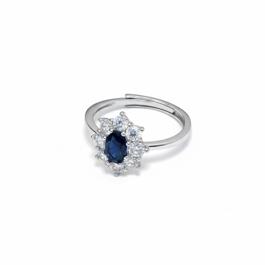 Anello kate fiore con pietra blu e zirconi bianchi