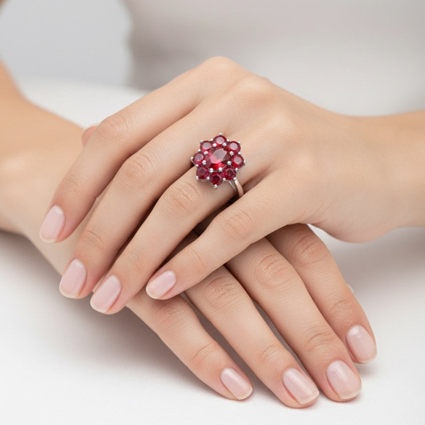 Anello  fiore con pietre rosse rosato
