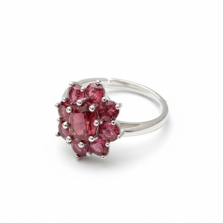 Anello  fiore con pietre rosse rosato