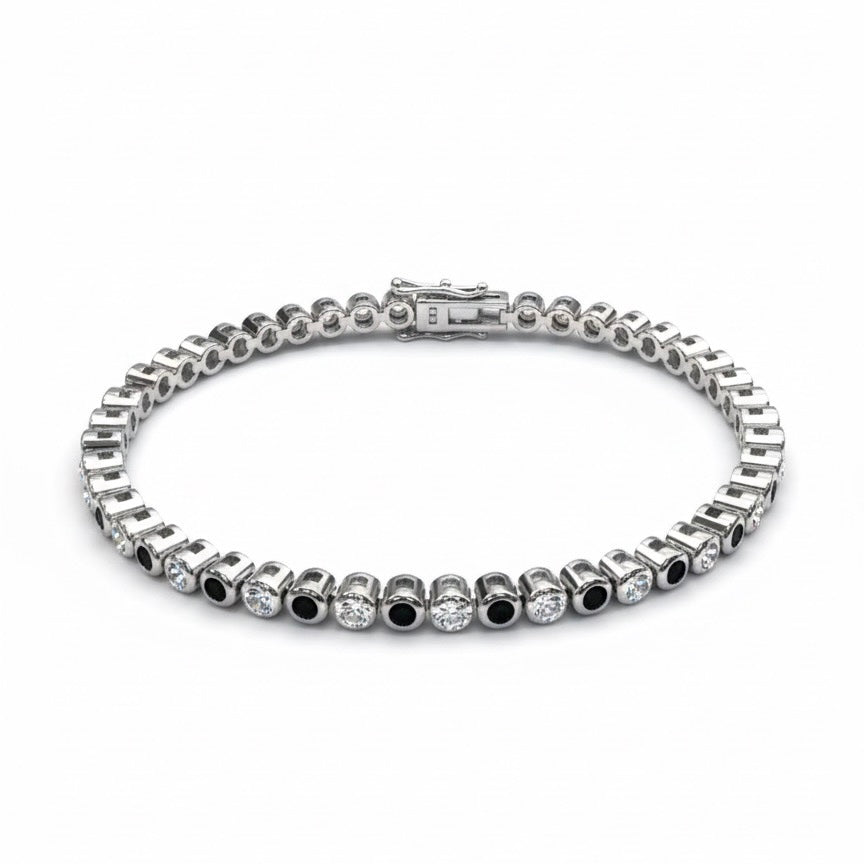 Bracciale tennis cipollina 2 mm con pietre alternate bianche e nere