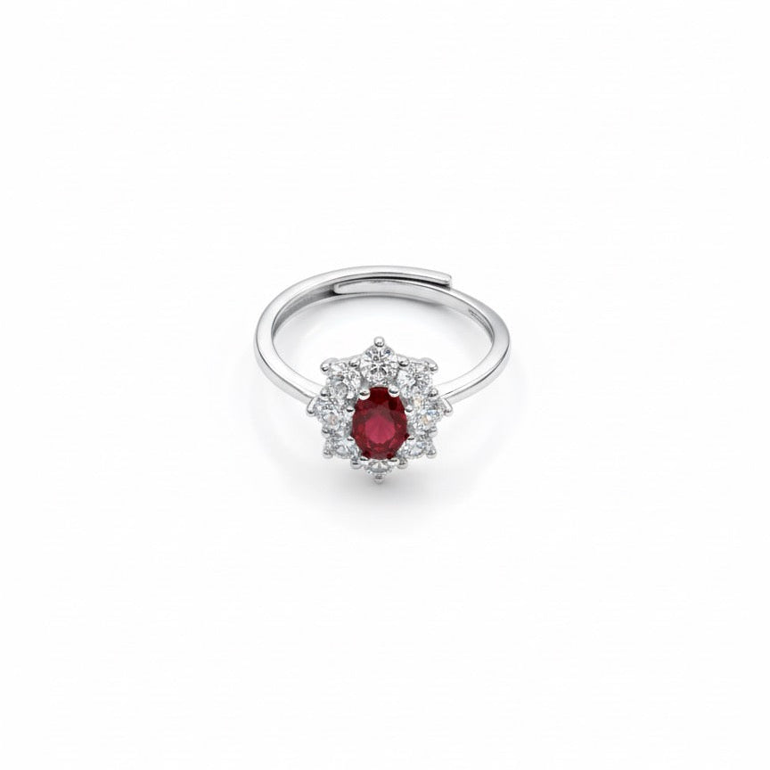 Anello kate fiore con pietra rossa e zirconi bianchi