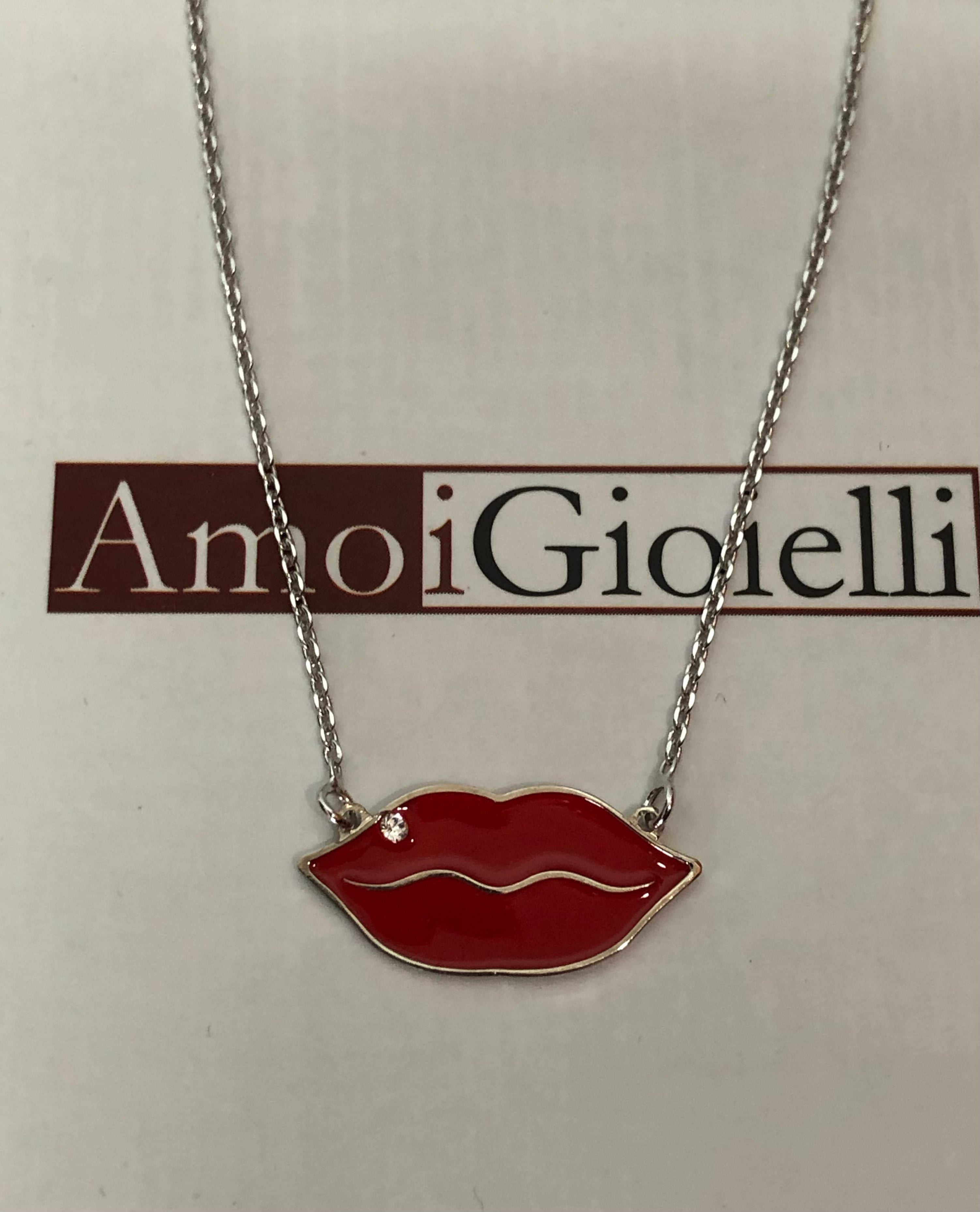 Collana Labbra con smalto rosso e pietra bianca