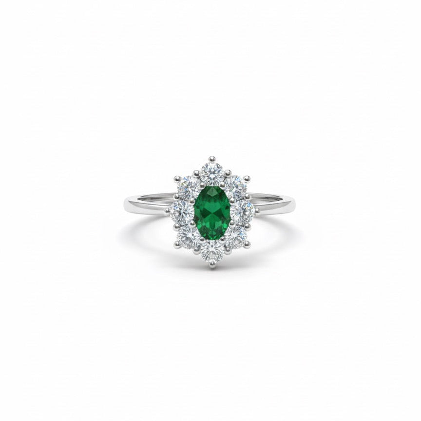 Anello kate fiore con pietra verde e zirconi bianchi