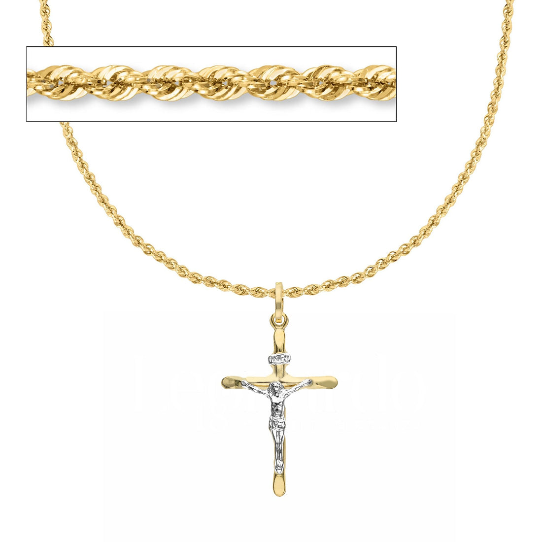 Collana fune corda 2mm con croce bicolore lucida in oro 18kt