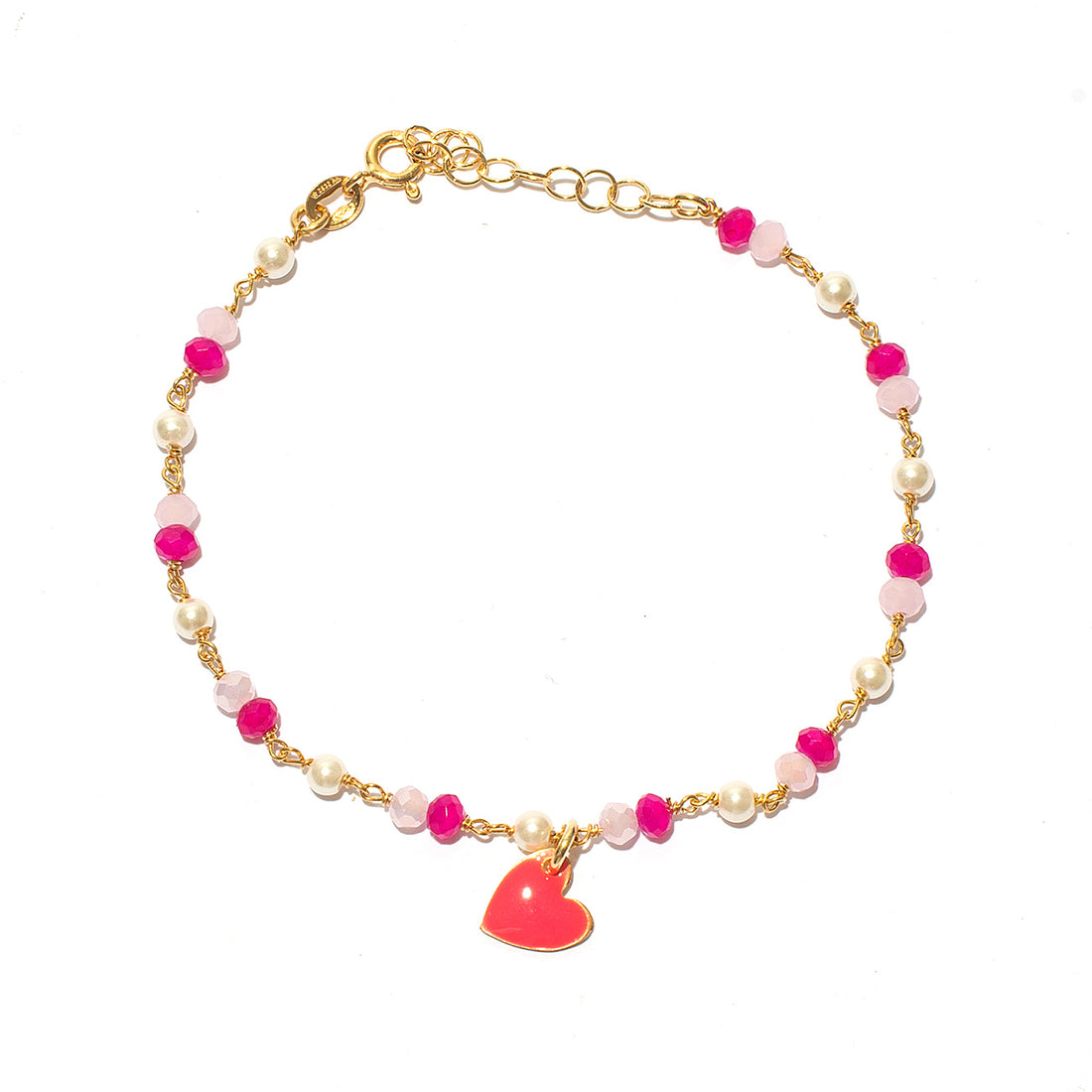 Bracciale con cuore fucsia e pietre viola e bianche