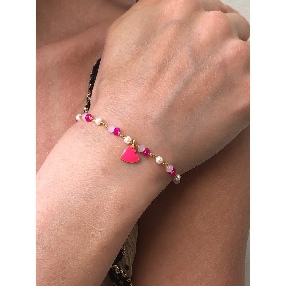 Bracciale con cuore fucsia e pietre viola e bianche