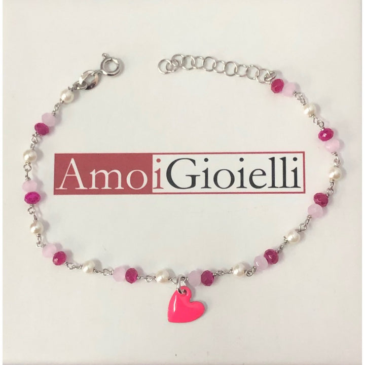 Bracciale con cuore fucsia e pietre viola e bianche