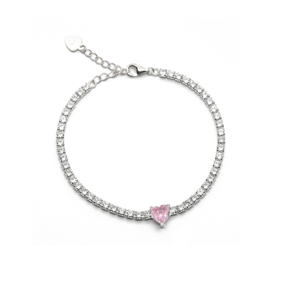 Bracciale tennis con cuoricino pietra rosa