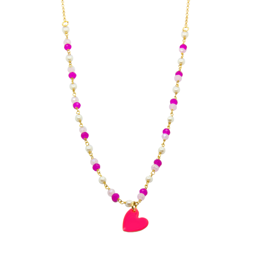 Collana con cuore fucsia e pietre viola e bianche