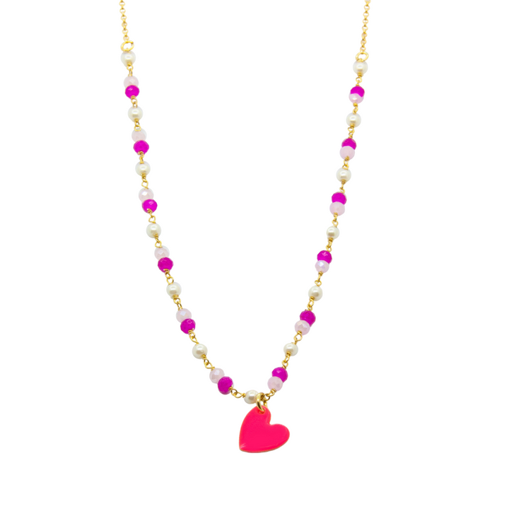 Collana con cuore fucsia e pietre viola e bianche