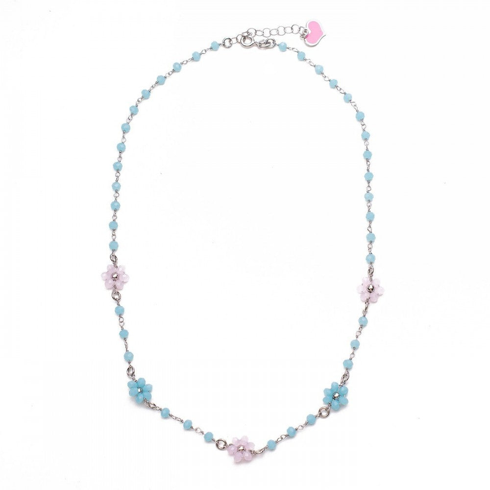 Collana con fiori azzurri e rosa