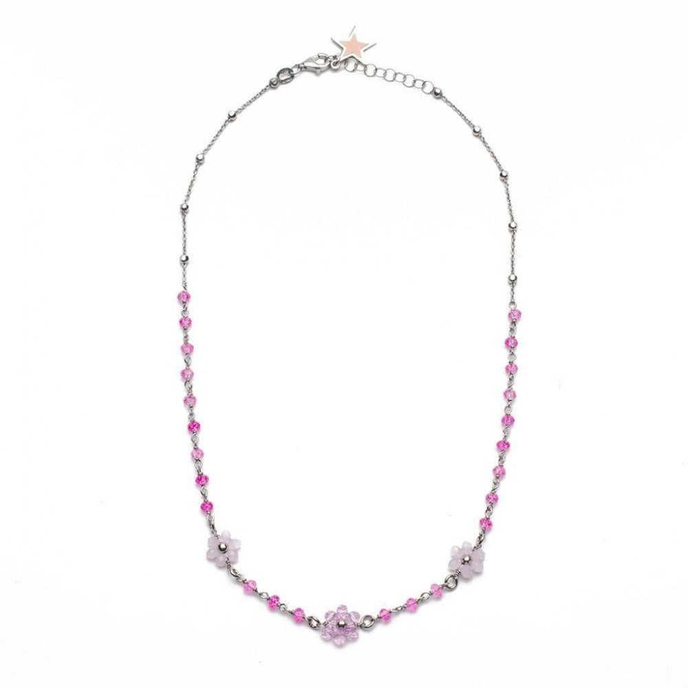 Collana con fiori rosa e pietre fucsia