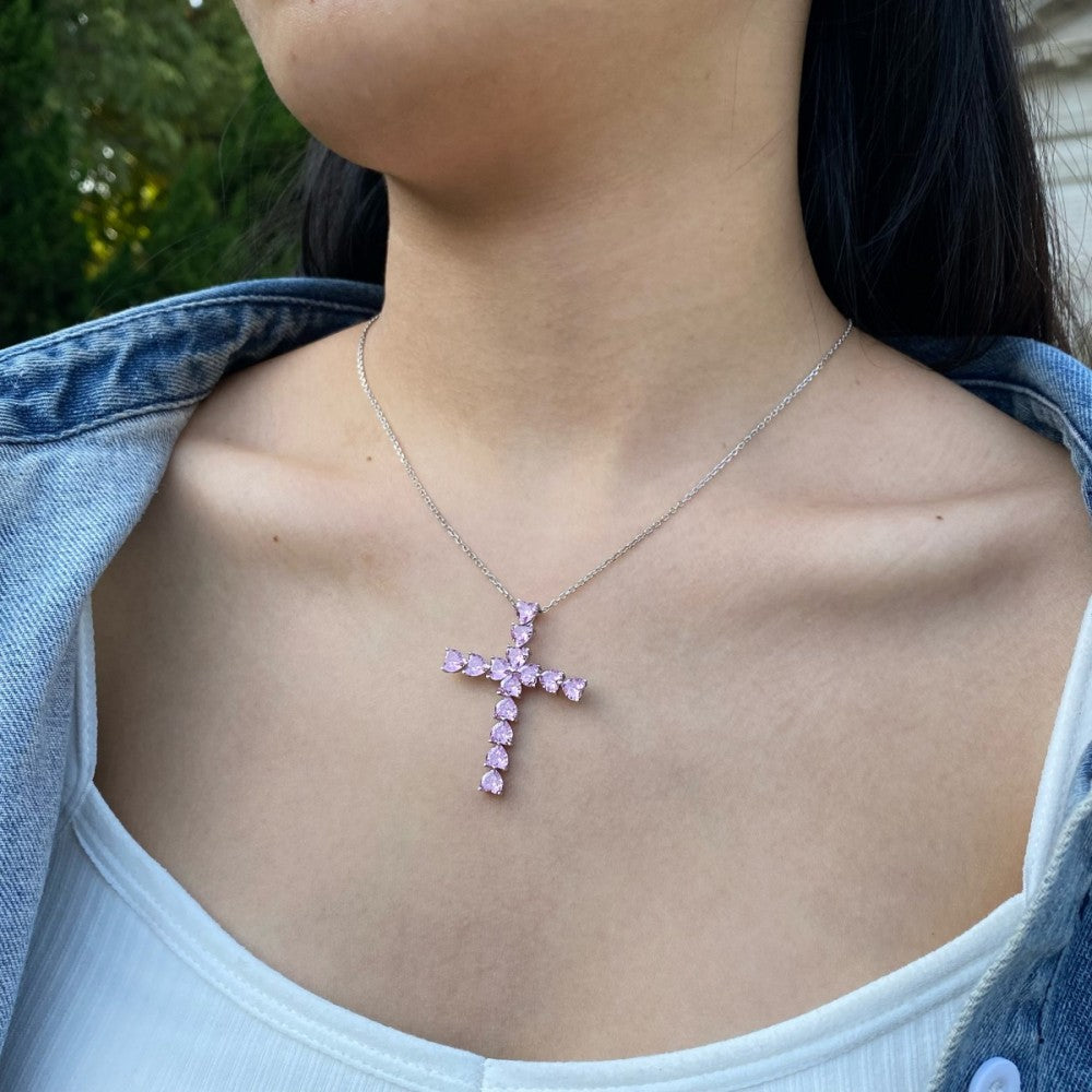 Collana pendente croce con pietre rosa